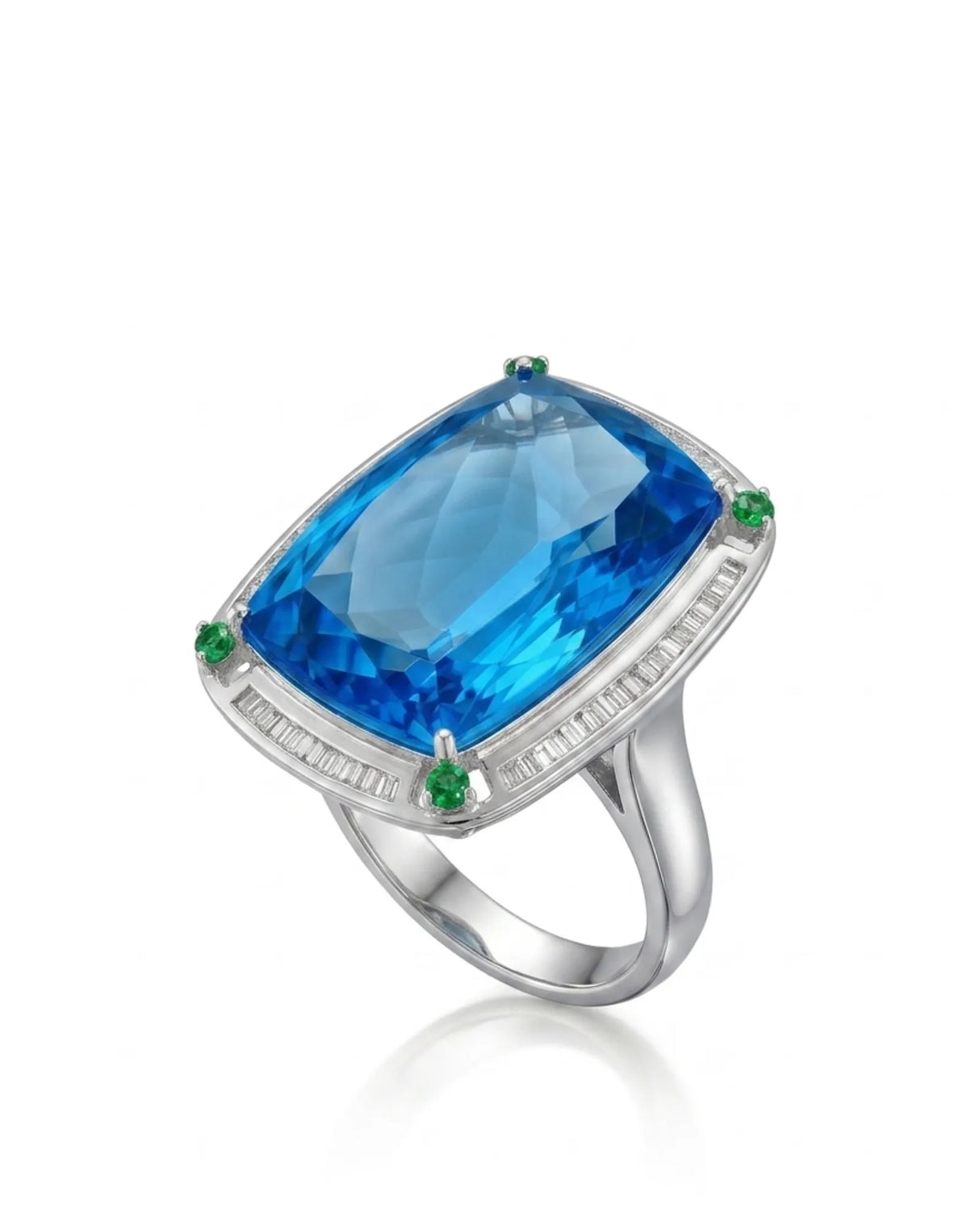Natural Swiss Blue topaz cocktail ring with baguette diamonds and green corner accents in platinum - SARATTI