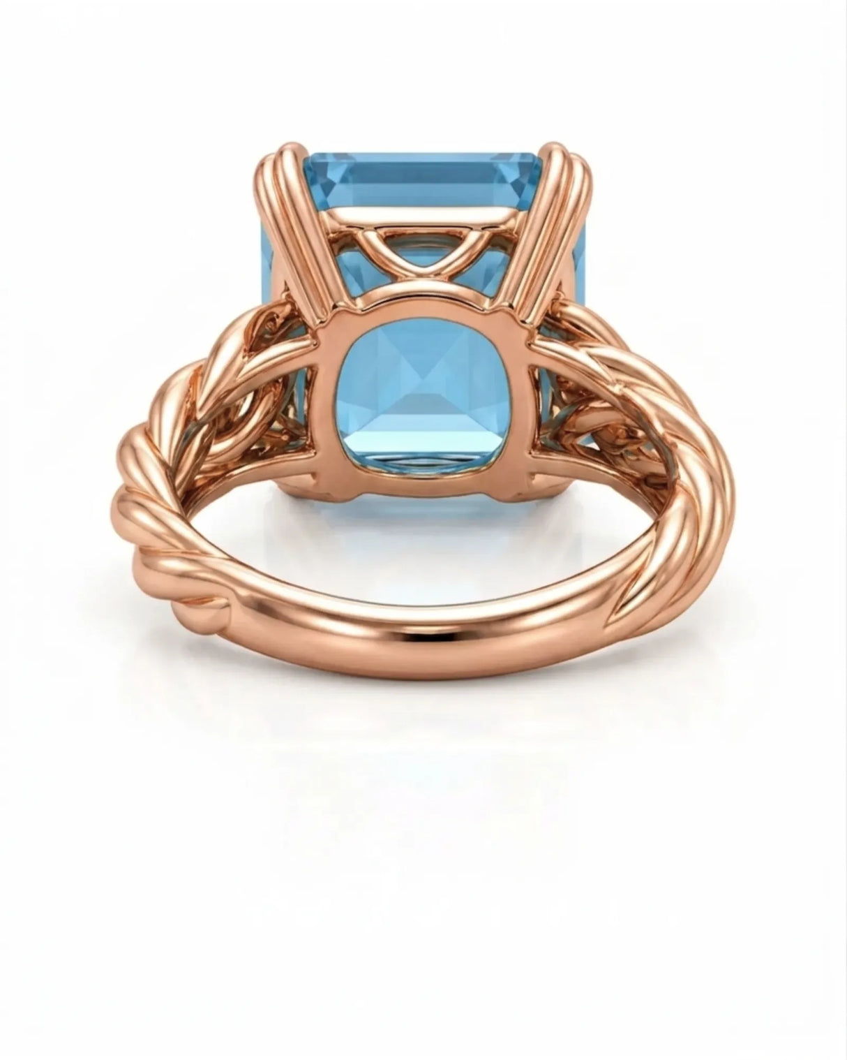 Cordelle Asscher-cut Aquamarine rope-band solitaire ring setting in rose gold, profile view | SARATTI