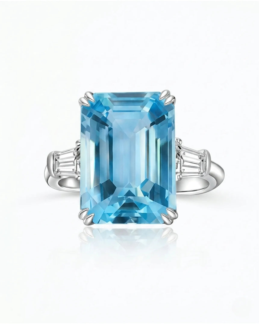Natural aquamarine ring with 7 carat emerald cut center in 18K white gold | SARATTI