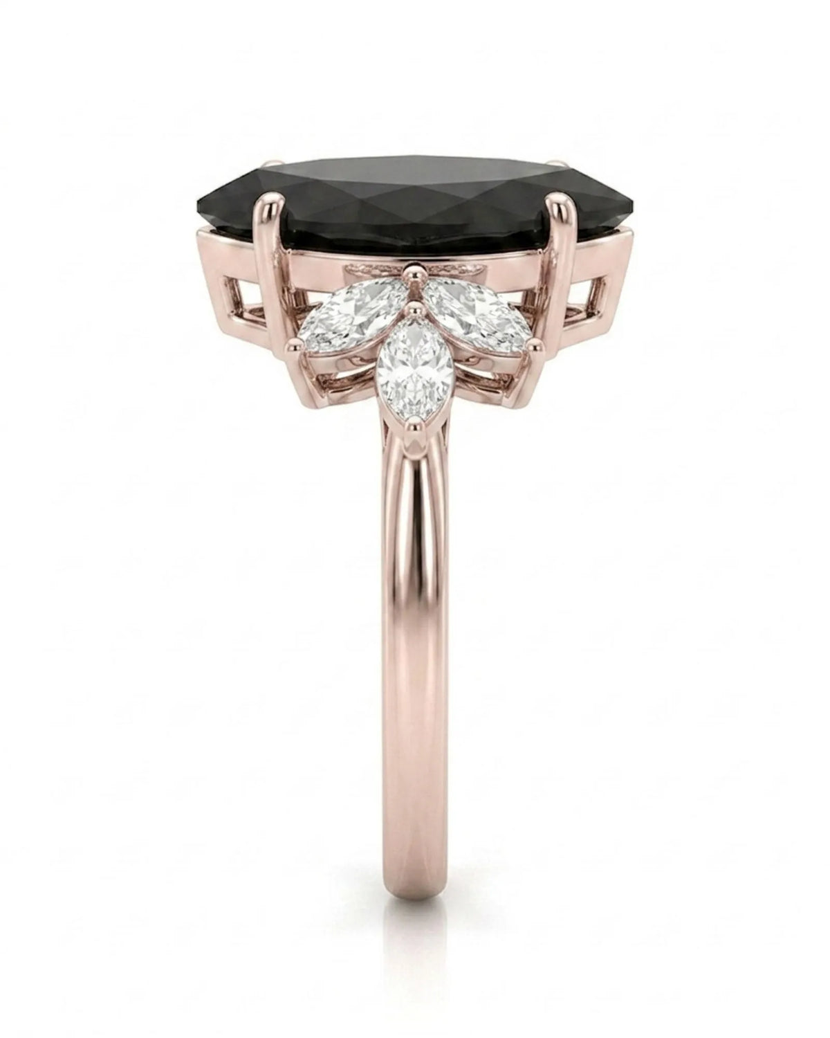 Natural black marquise diamond butterfly ring front view in 18K rose gold | SARATTI