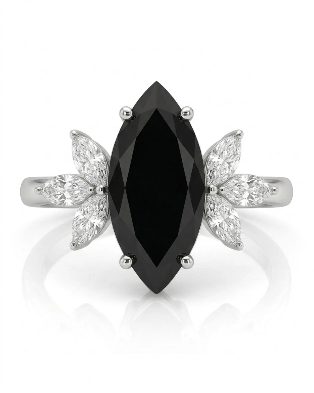 Natural black marquise diamond butterfly ring front view in platinum | SARATTI