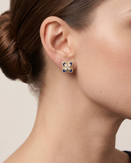 Natural blue sapphire Akoya pearl and diamond floral earrings in 18K yellow gold | SARATTI