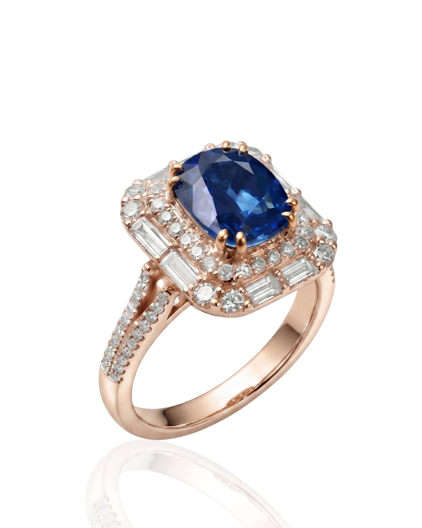Natural blue sapphire halo ring with baguette and round diamonds in 18K Rose Gold | SARATTI