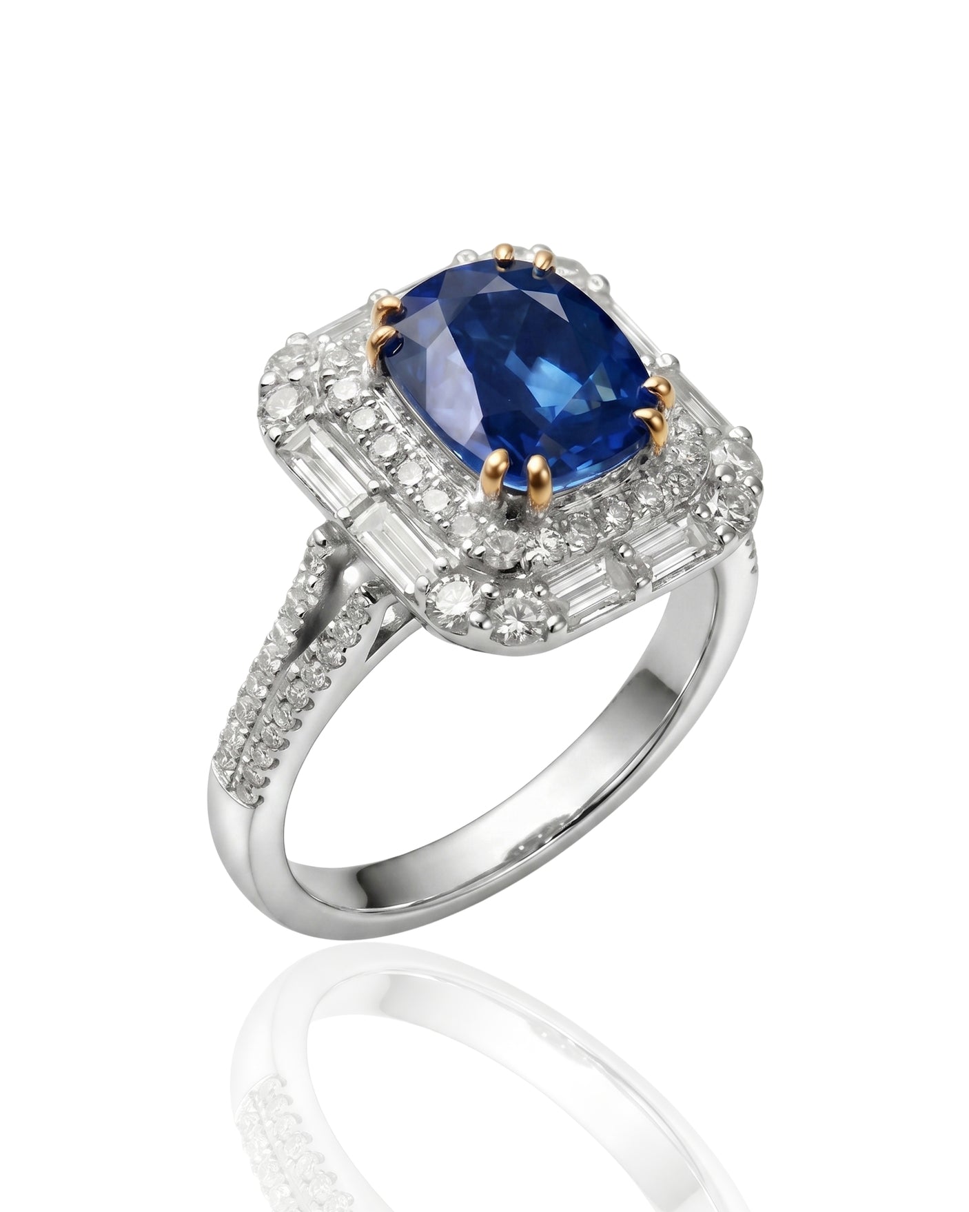 Natural blue sapphire halo ring with baguette and round diamonds in Platinum | SARATTI