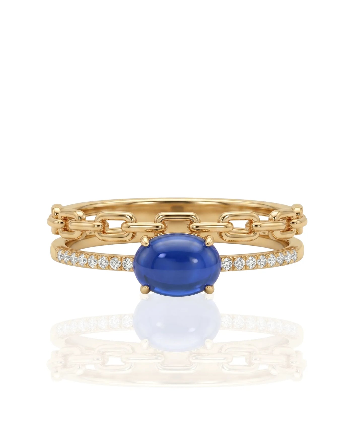 Natural blue sapphire ring with modern interlocking bands in 18K yellow gold | SARATTI