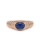 Natural blue sapphire ring with smooth oval cabochon and diamonds in 18K rose gold | SARATTI