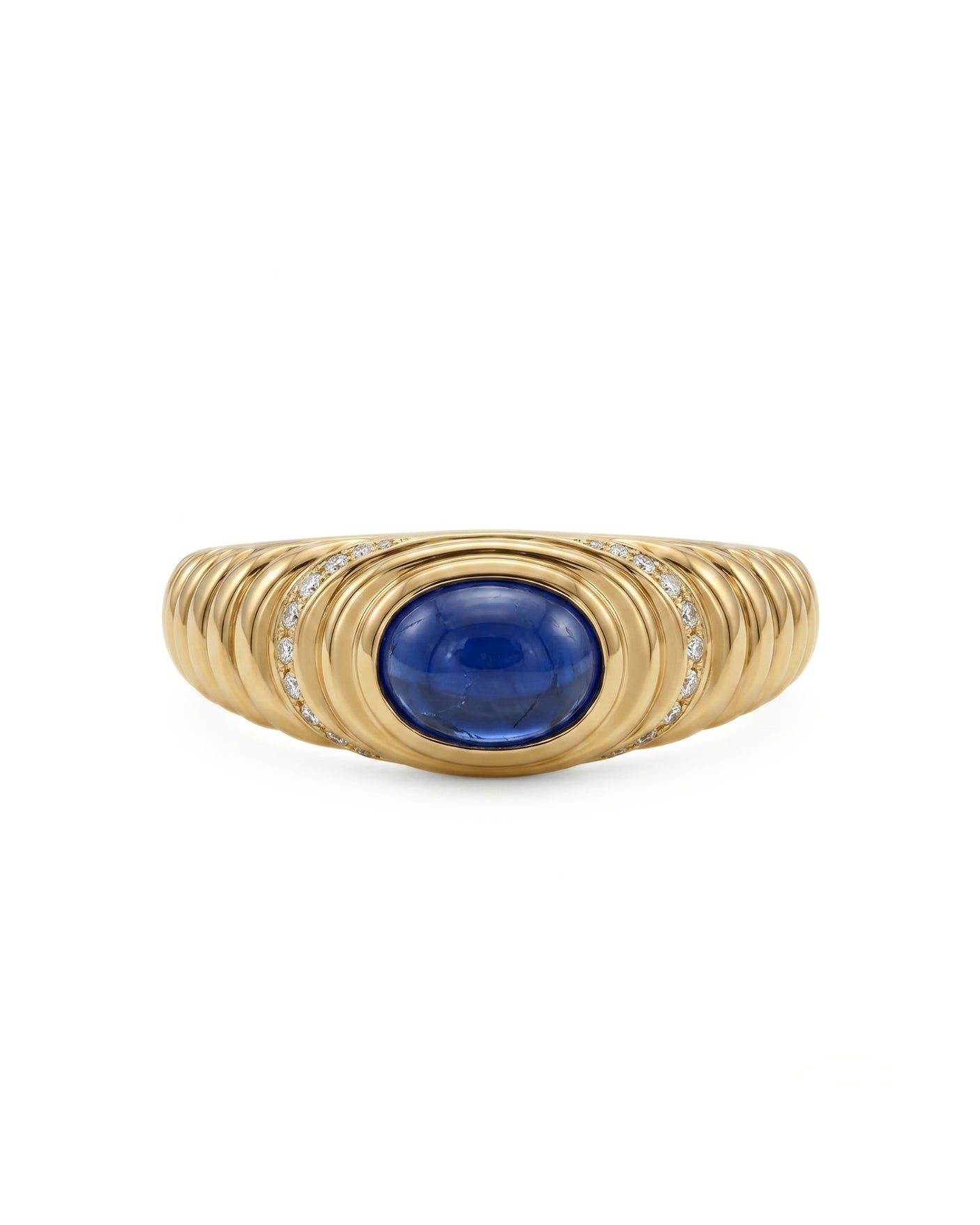 Natural blue sapphire ring with smooth oval cabochon and diamonds in 18K yellow gold | SARATTI