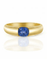 Natural blue sapphire solitaire ring with architectural cushion cut design in 18K yellow gold | SARATTI