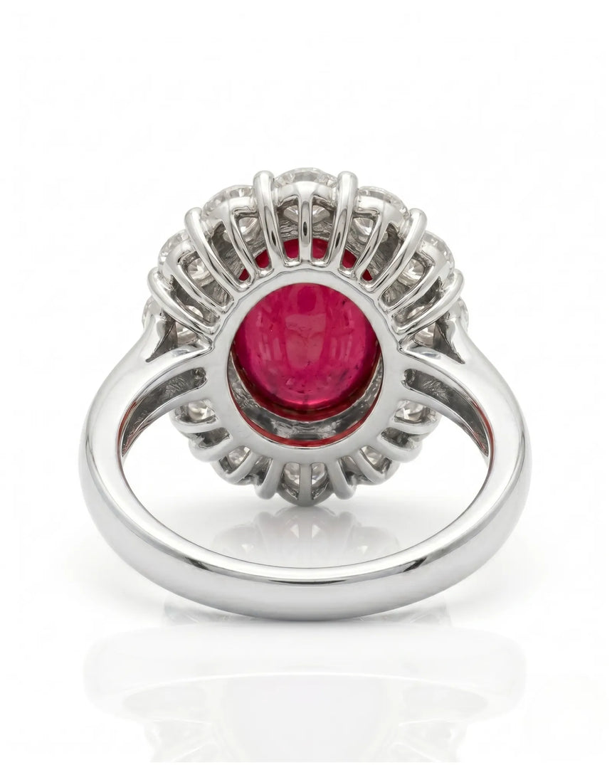 Natural cabochon ruby ring with brilliant round diamonds in durable platinum - SARATTI