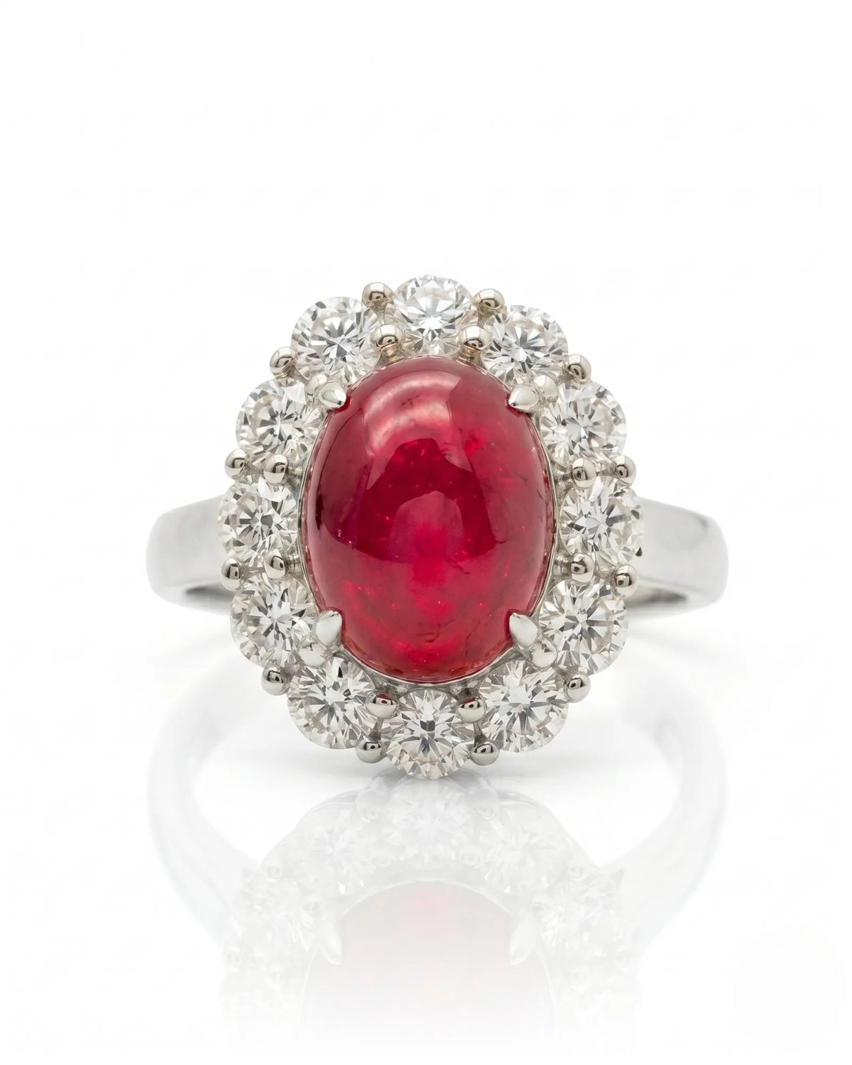 Natural cabochon ruby ring with brilliant round diamonds in durable platinum | SARATTI