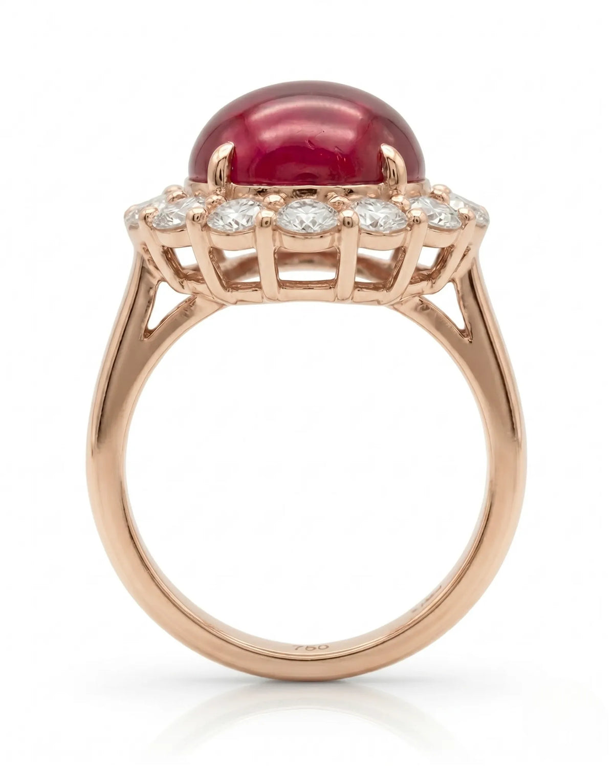 Natural cabochon ruby ring with brilliant round diamonds in rose gold | SARATTI
