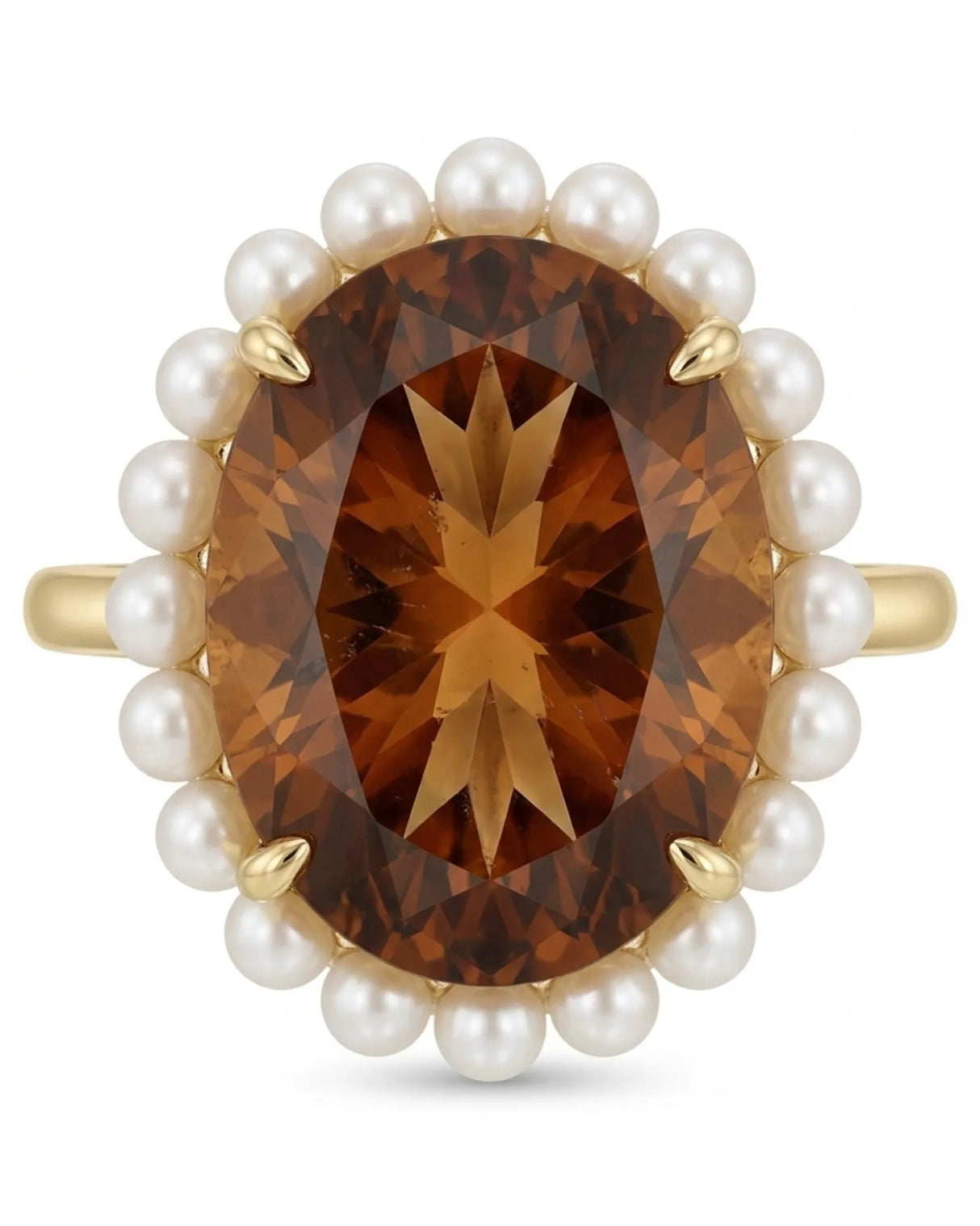 Natural champagne Imperial Topaz ring with soft pearl contrast and radiant 18K yellow gold | SARATTI