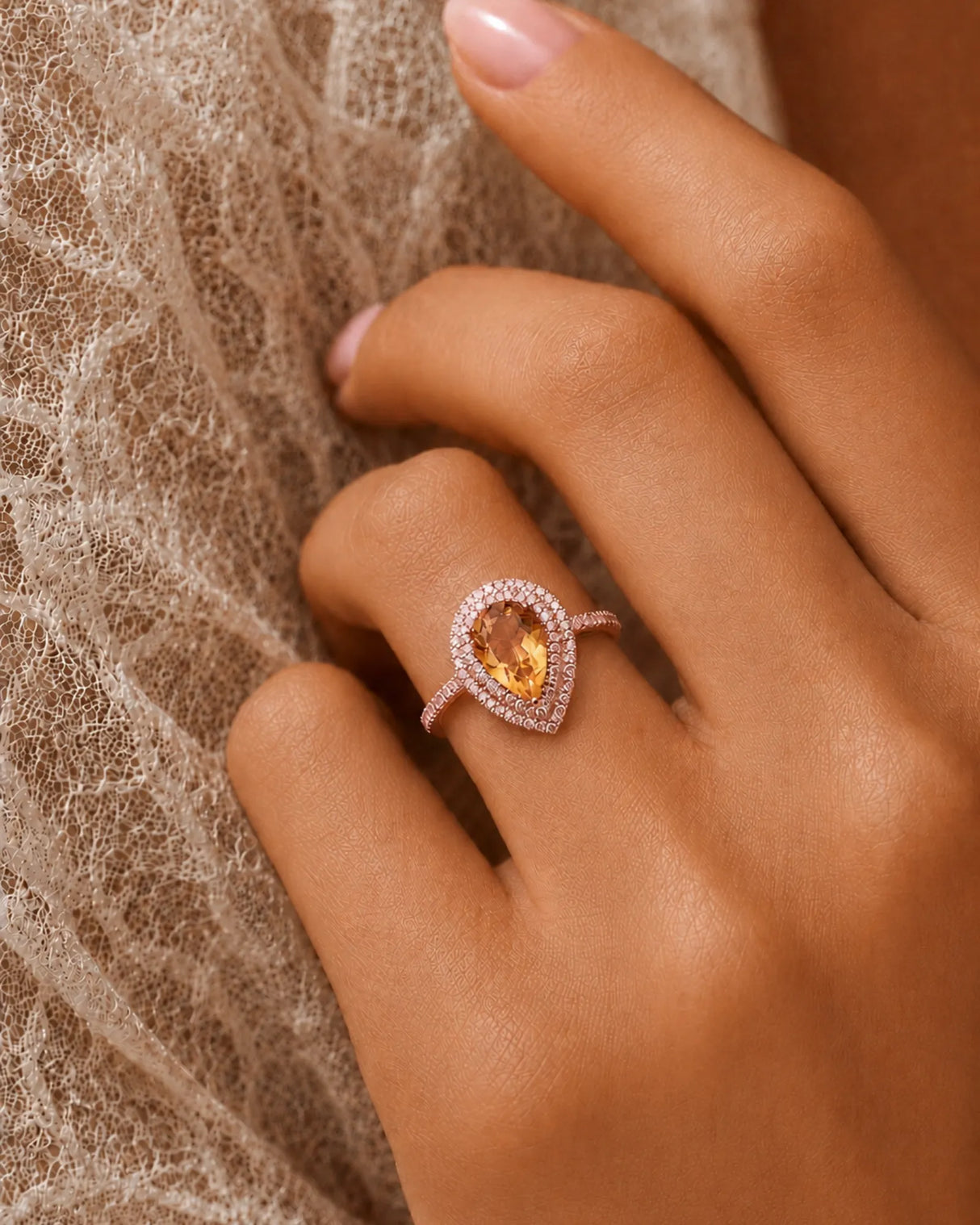 Natural citrine engagement ring with pear silhouette and double diamond halo in 18K rose gold | SARATTI