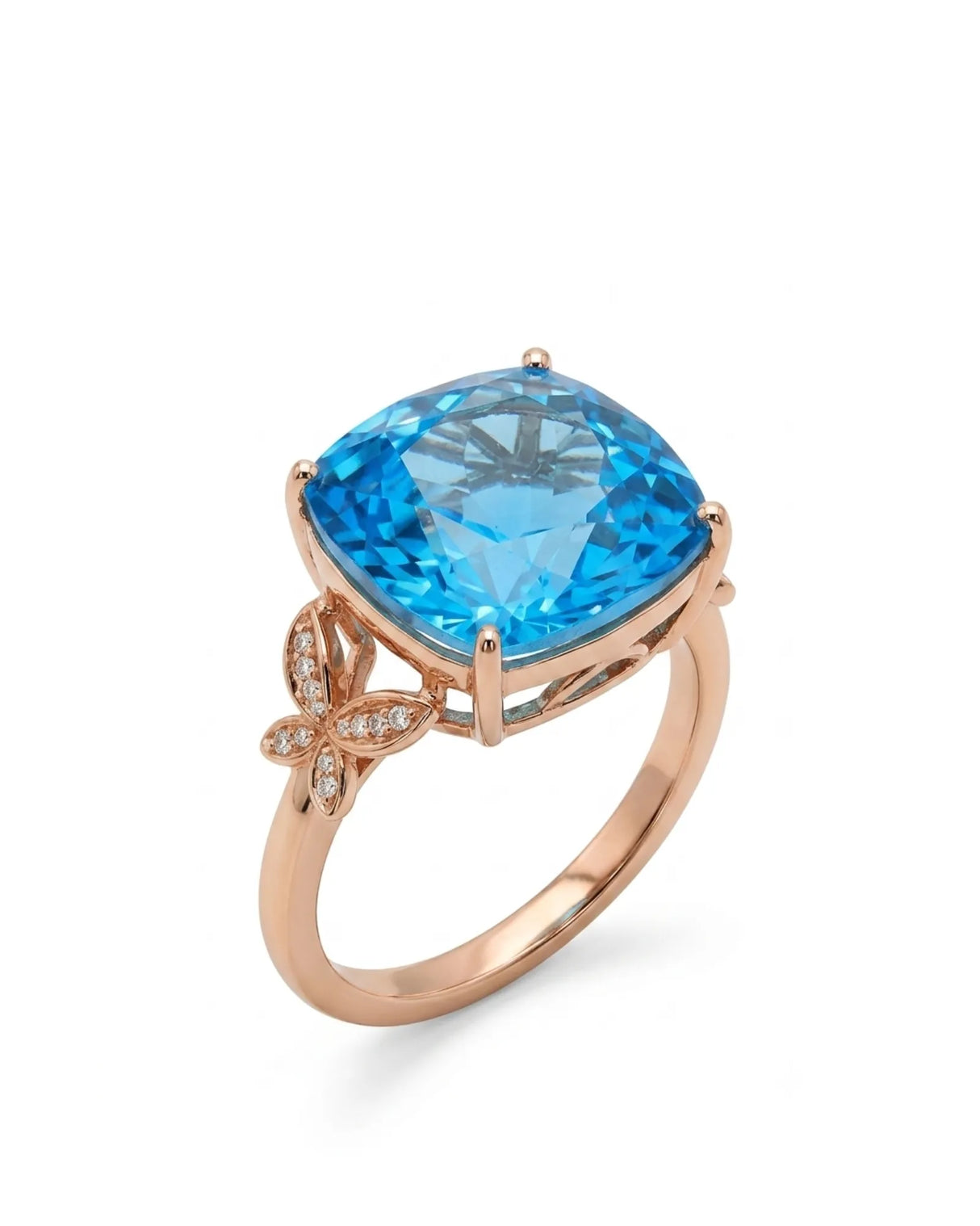 Natural cushion Swiss Blue topaz ring with diamond butterfly shoulders in 18K rose gold | SARATTI