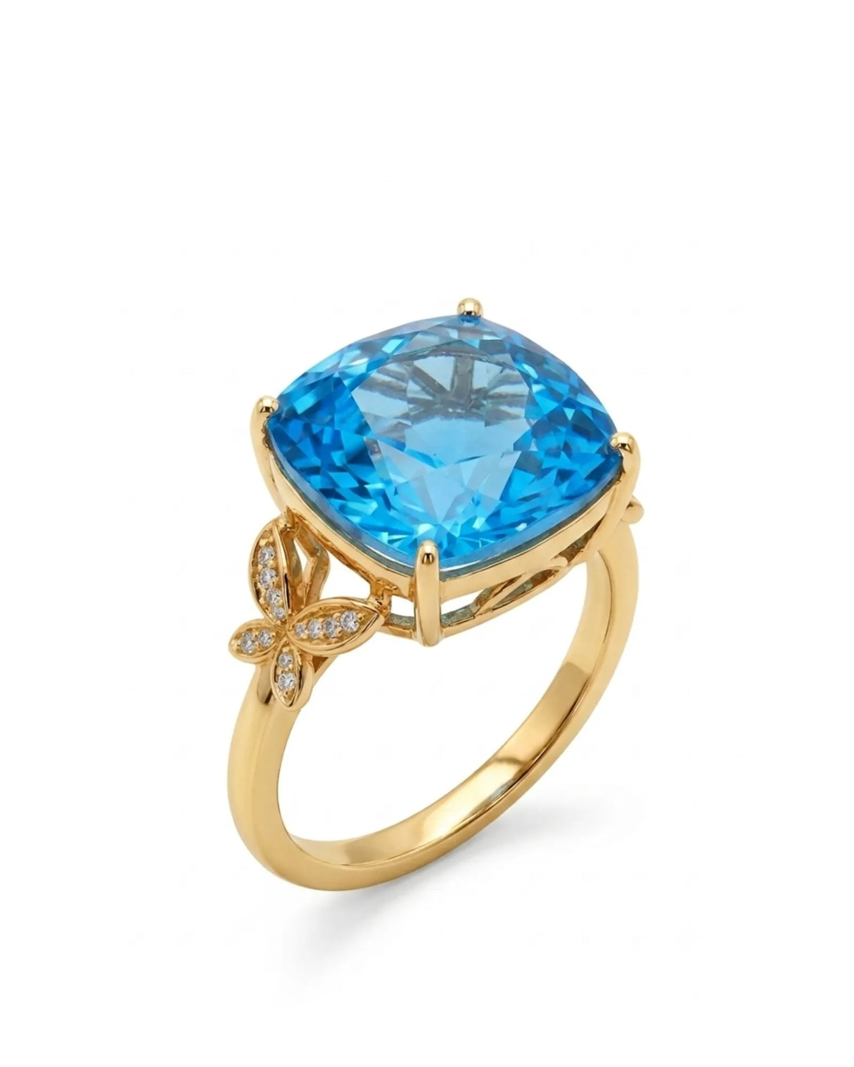 Natural cushion Swiss Blue topaz ring with diamond butterfly shoulders in 18K yellow gold | SARATTI