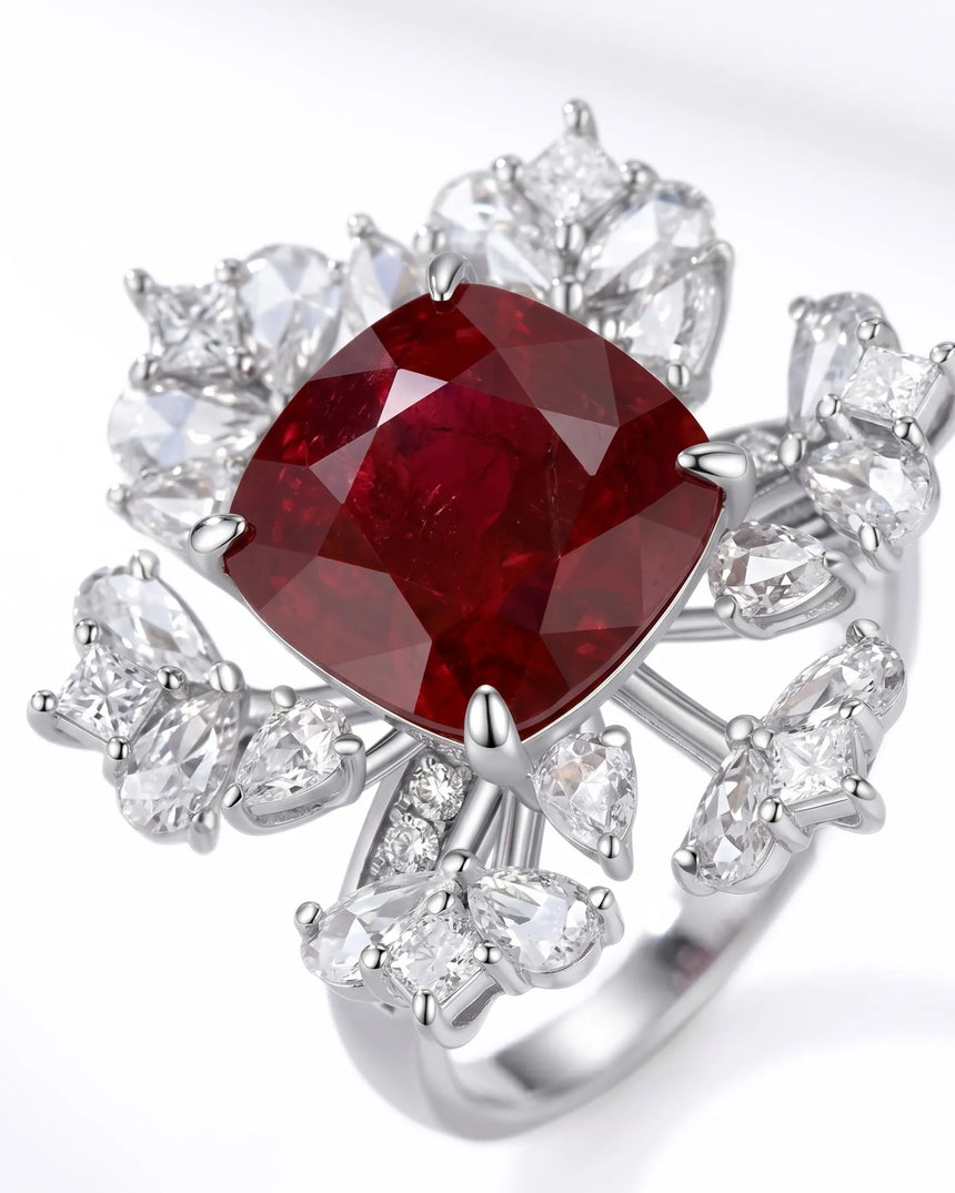 Natural cushion ruby ring with blooming diamond halo and pavé platinum setting | SARATTI