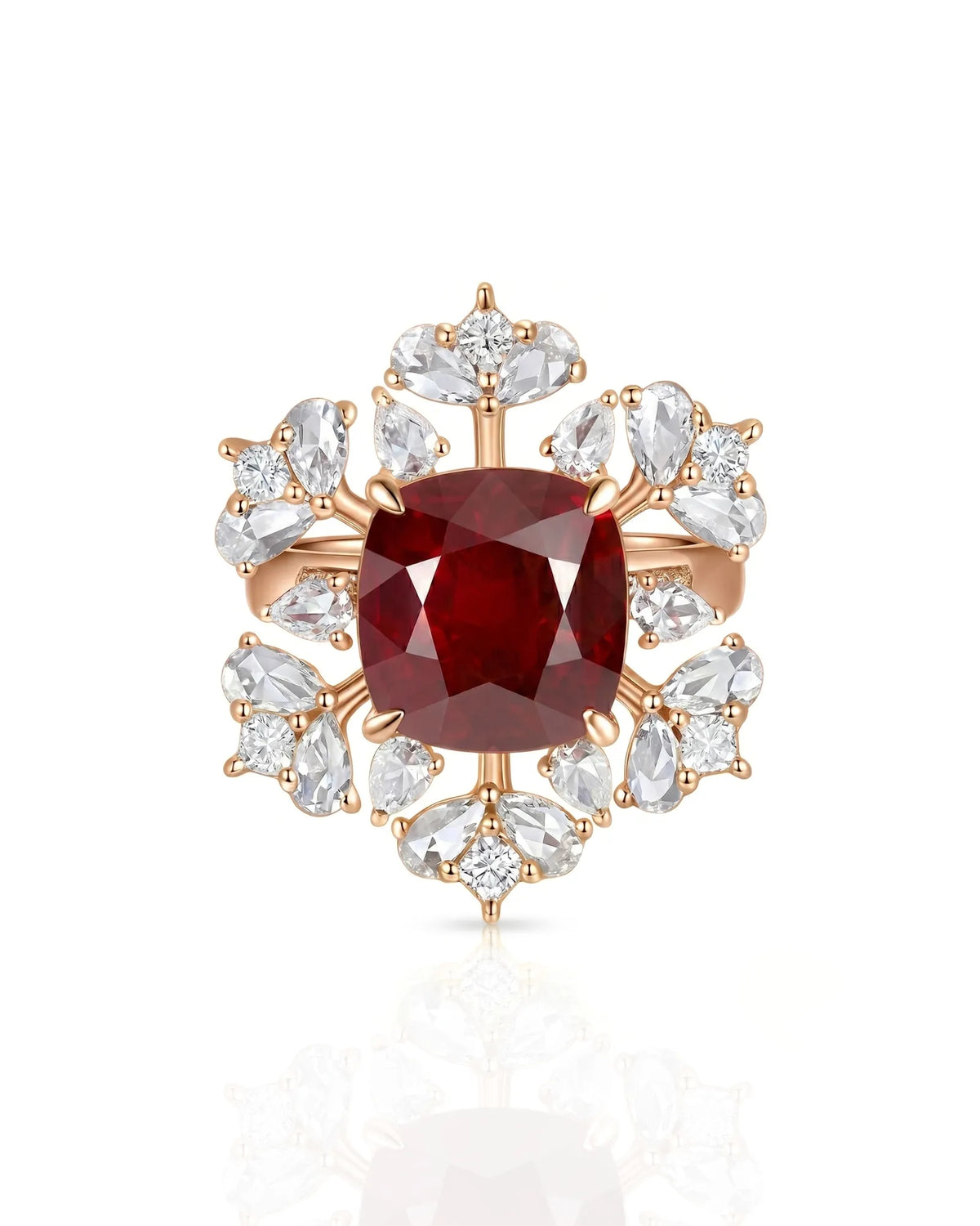 Natural cushion ruby ring with blooming diamond halo and pavé rose gold setting | SARATTI
