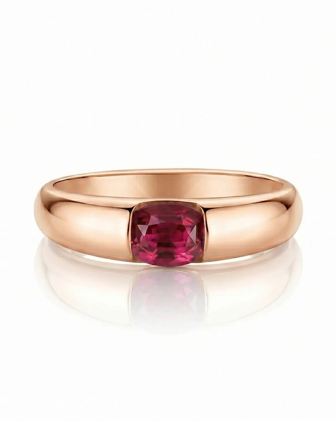 Natural cushion ruby ring with sleek diamond-free rose gold band | SARATTI