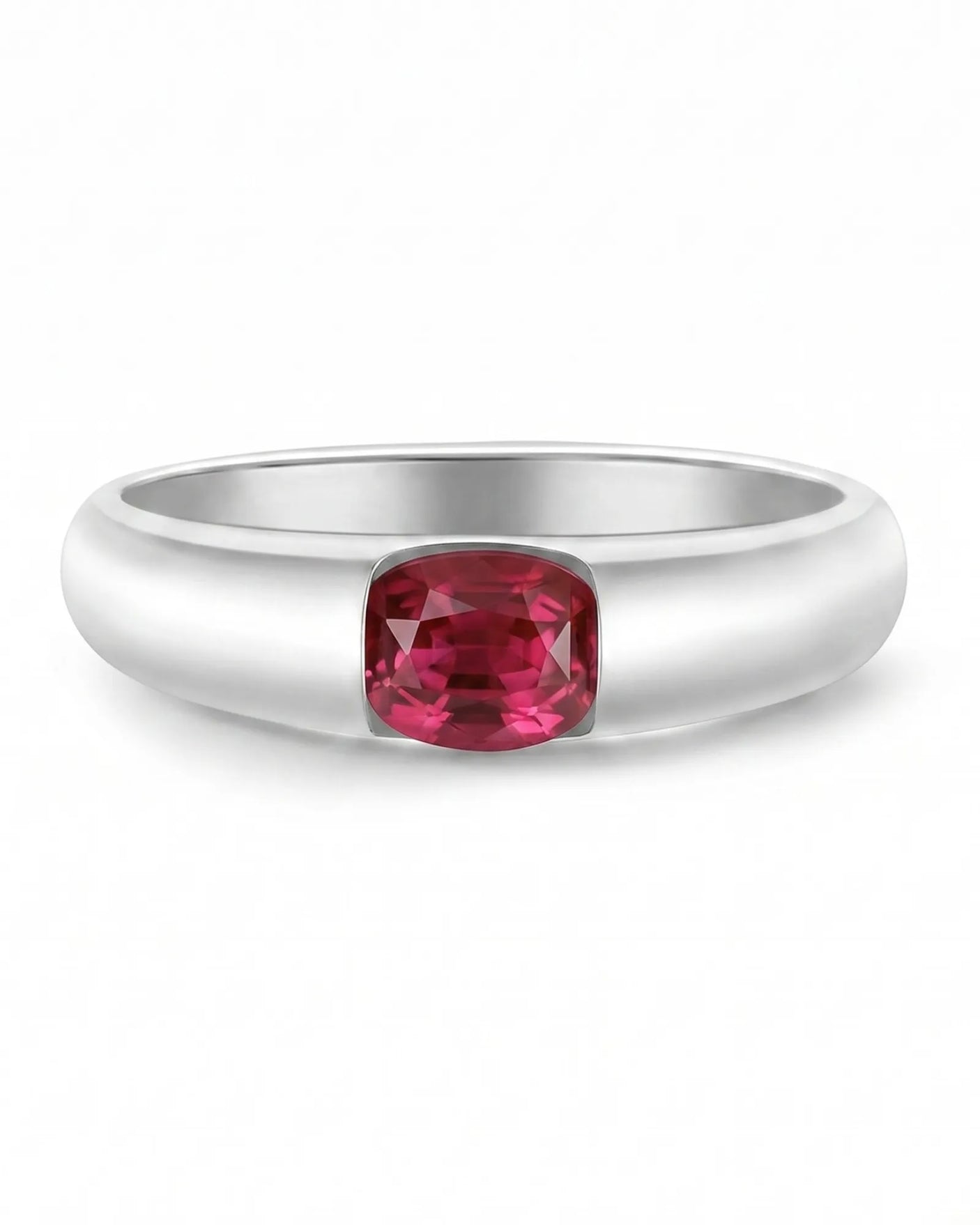 Natural cushion ruby ring with sleek diamond-free white gold band | SARATTI