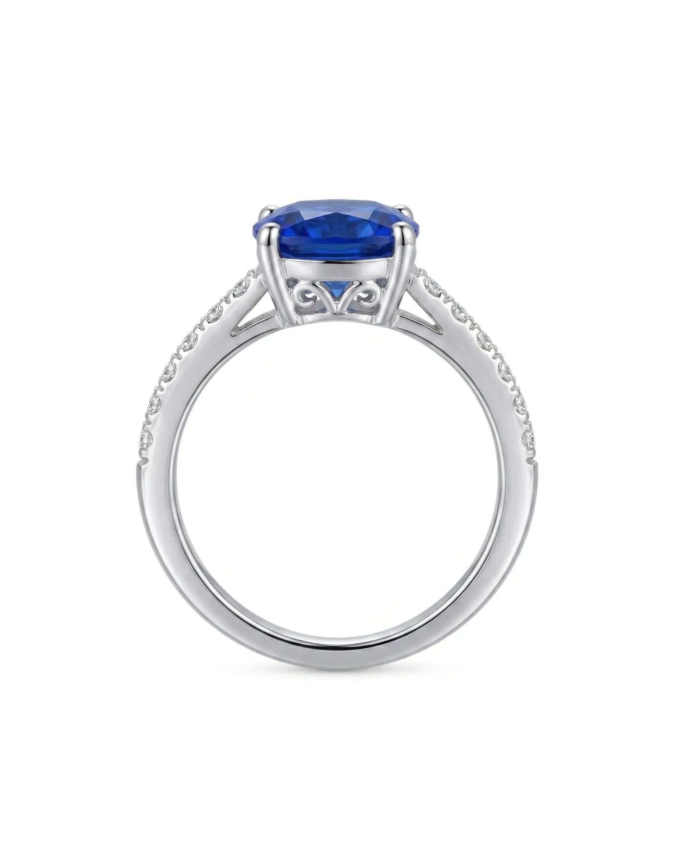 Natural cushion sapphire ring with delicate pavé diamonds in platinum | SARATTI