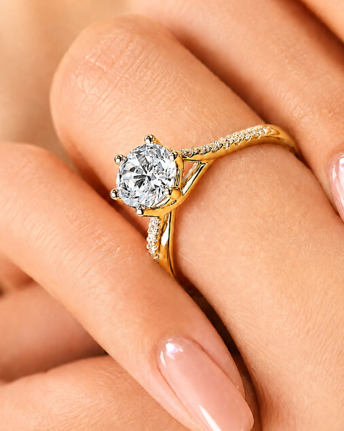 Natural diamond ring with round brilliant center stone and split shank yellow gold band | SARATTI