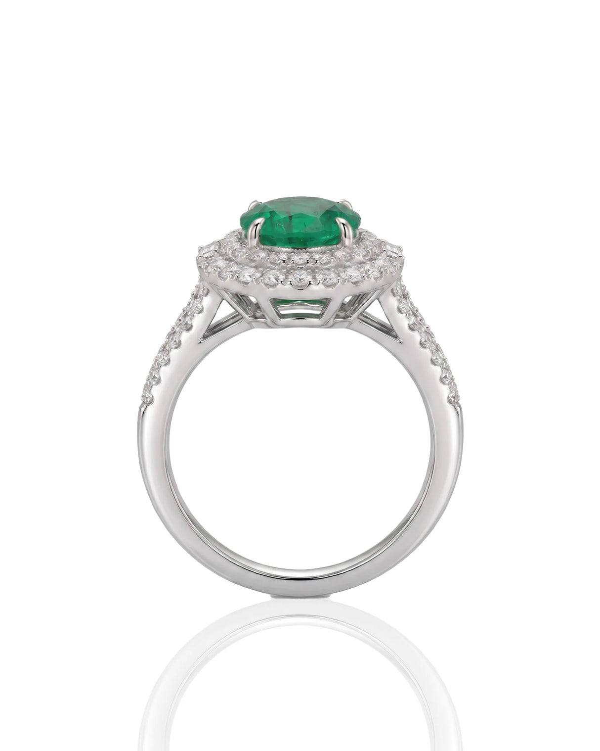 Natural emerald and diamond split shank statement ring in platinum | SARATTI