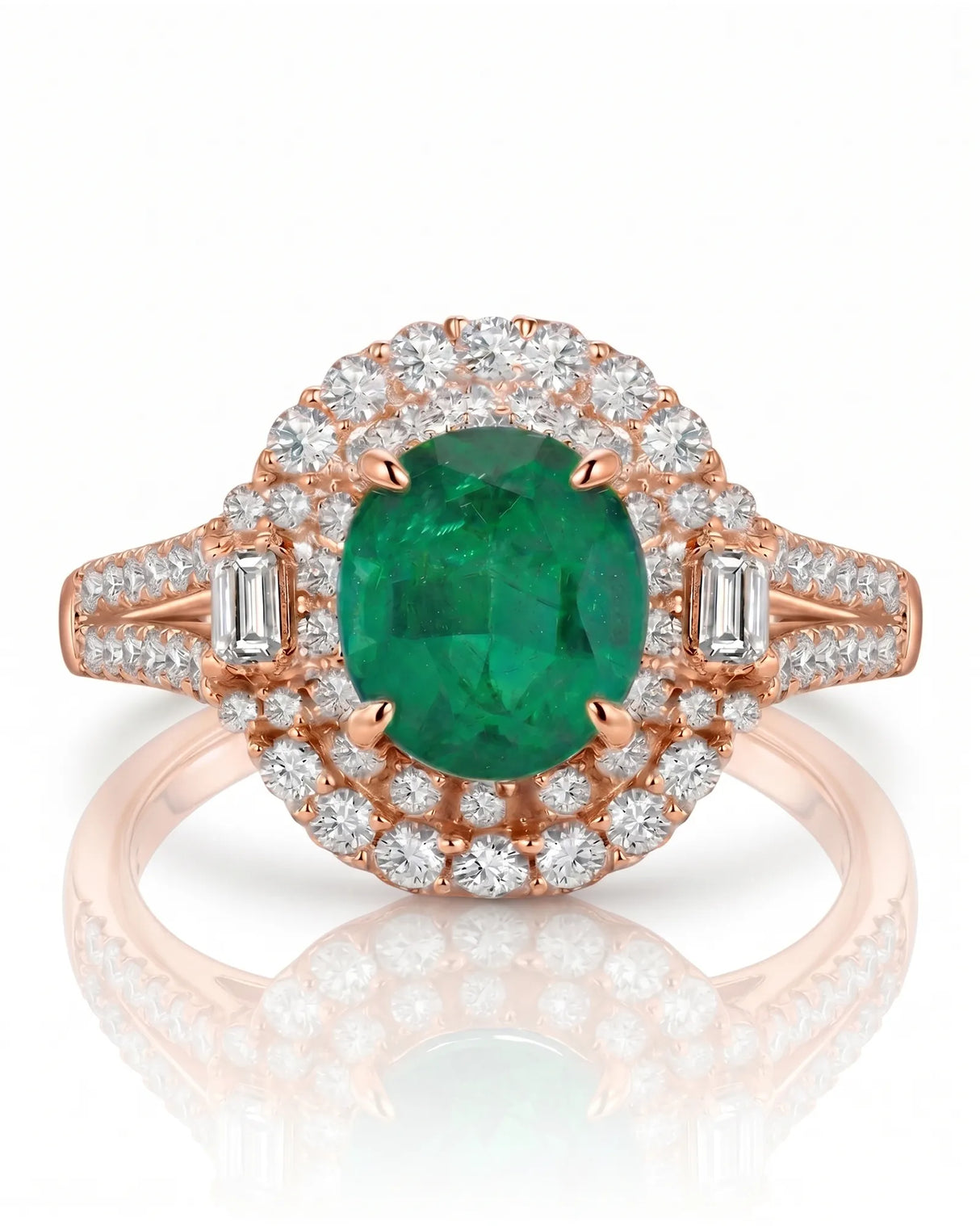 Natural emerald and diamond split shank statement ring in rose gold - SARATTI