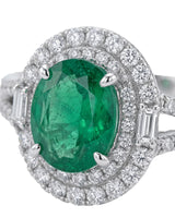 Natural emerald and diamond split shank statement ring in white gold | SARATTI