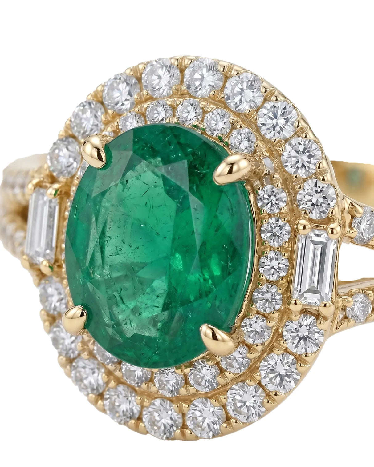 Natural emerald and diamond split shank statement ring in yellow gold | SARATTI