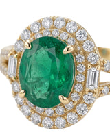 Natural emerald and diamond split shank statement ring in yellow gold | SARATTI