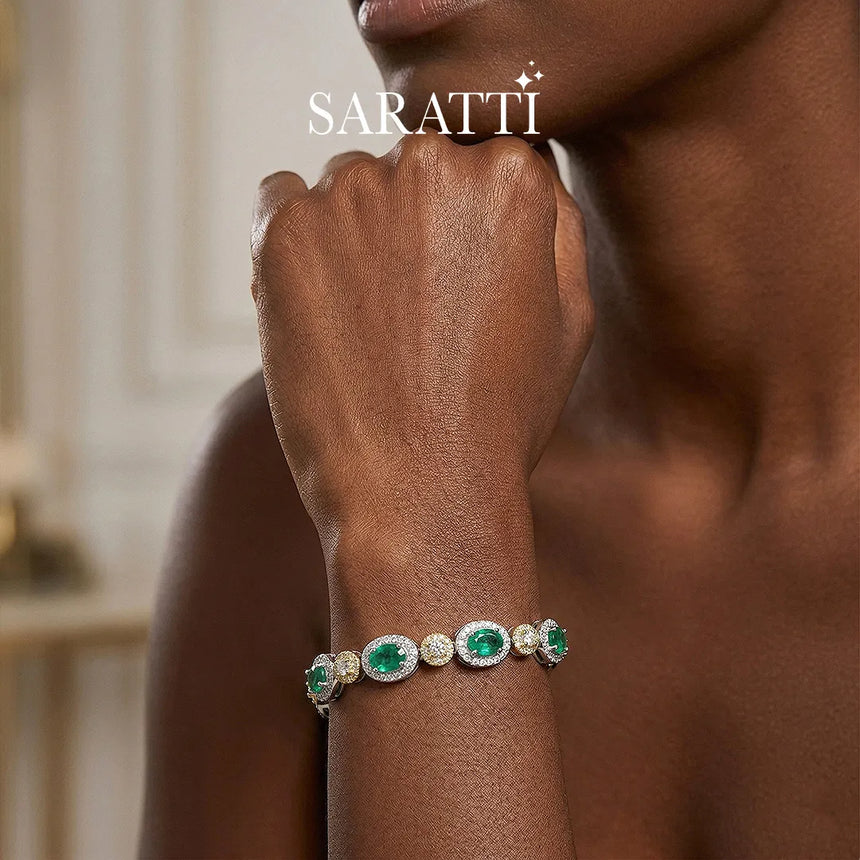 Natural emerald bracelet with oval halo settings | SARATTI
