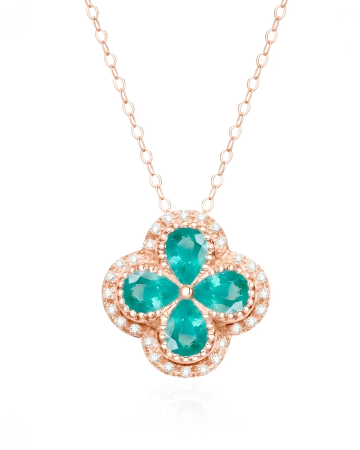 Natural emerald clover pendant necklace 0.80 carat pear cut emerald diamond halo 18k rose gold trebol design | SARATTI