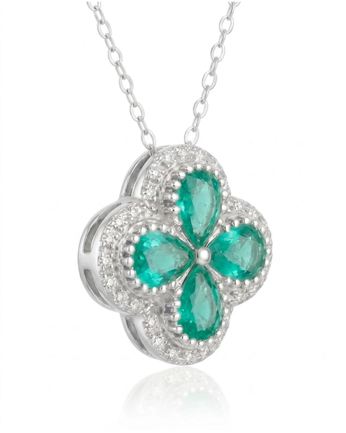 Natural emerald clover pendant necklace 0.80 carat pear cut emerald diamond halo 18k white gold trebol design | SARATTI