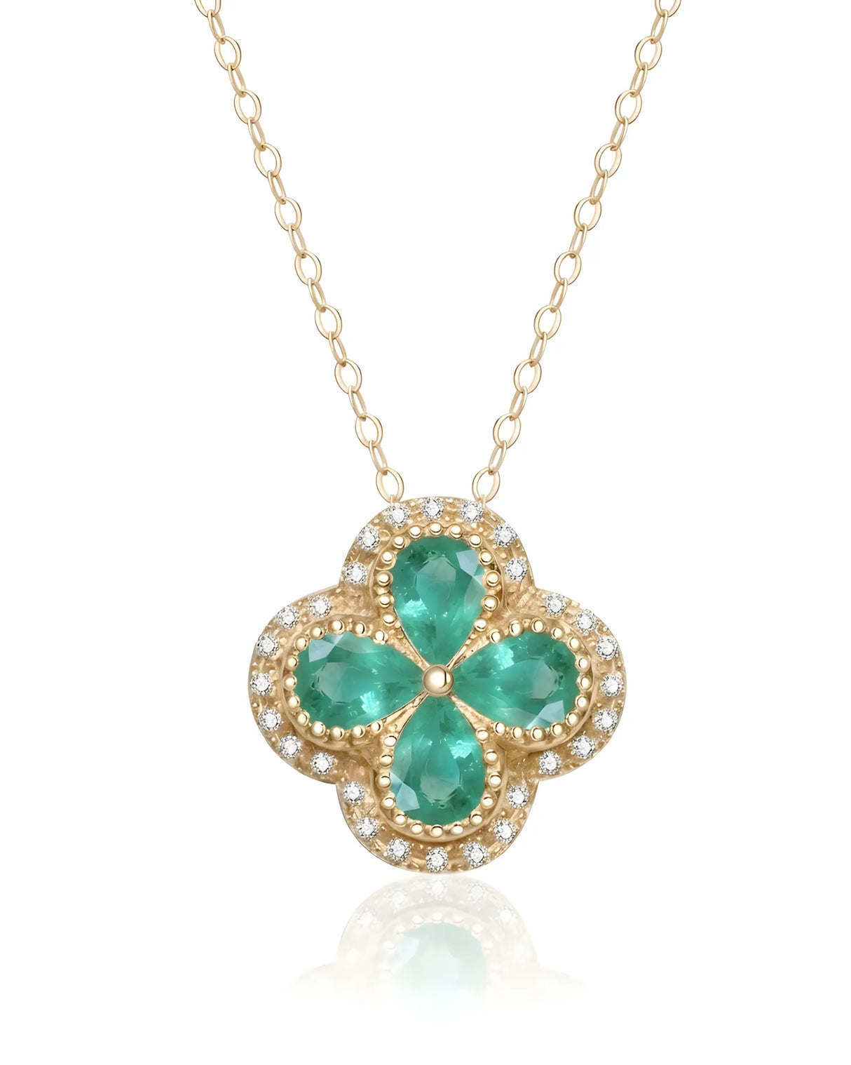 Natural emerald clover pendant necklace 0.80 carat pear cut emerald diamond halo 18k yellow gold trebol design | SARATTI