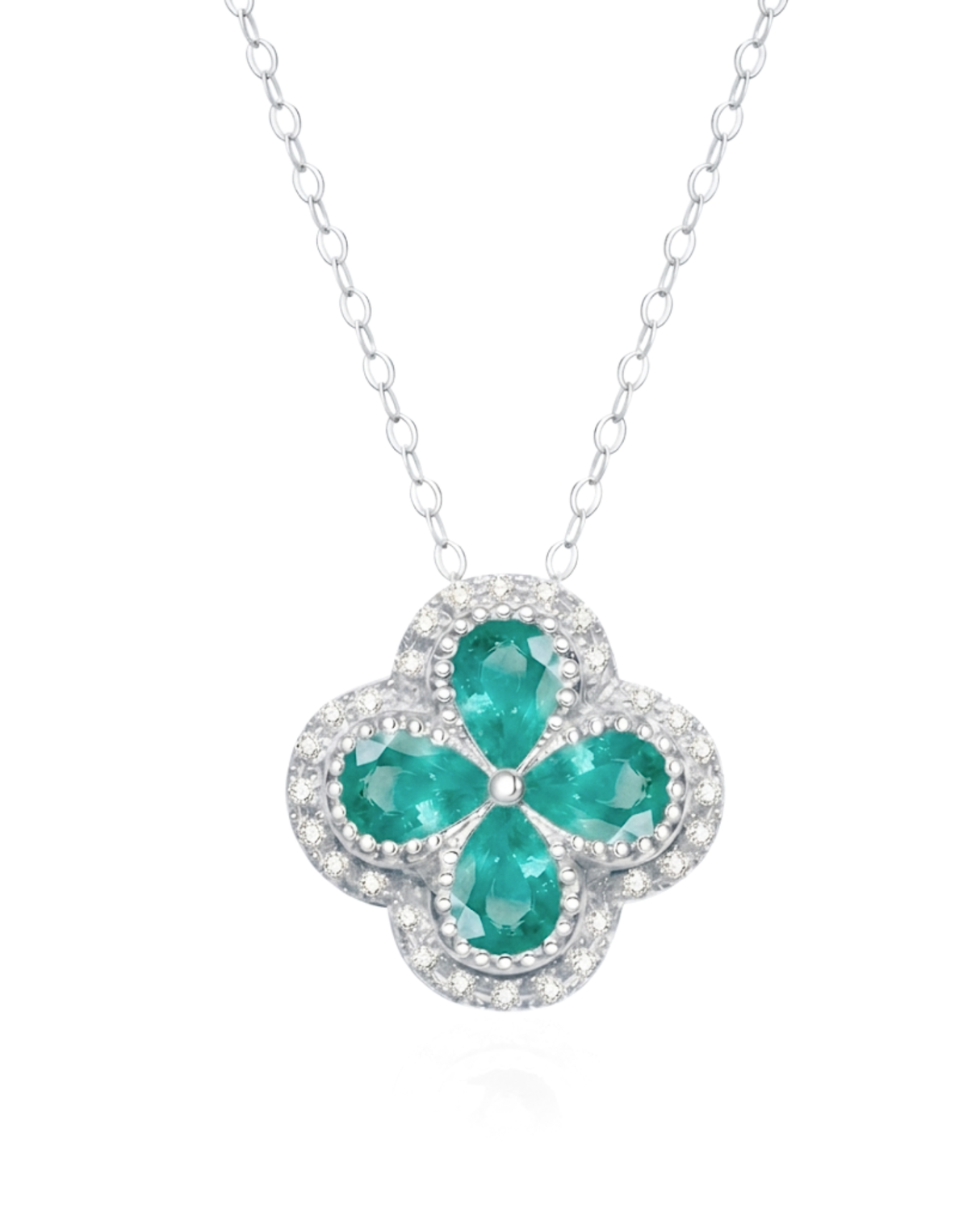 Natural emerald clover pendant necklace 0.80 carat pear cut emerald diamond halo platinum trebol design fine jewelry | SARATTI