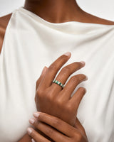 Natural emerald cut emerald and round diamond band in 18K White Gold | SARATTI