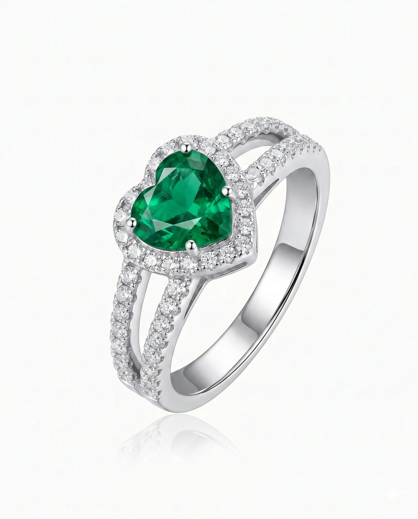 Natural emerald diamond halo ring in 18K white gold | SARATTI