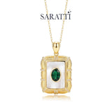 Natural emerald necklace with rectangular framed pendant design | SARATTI
