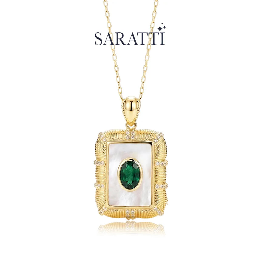 Natural emerald necklace with rectangular framed pendant design | SARATTI
