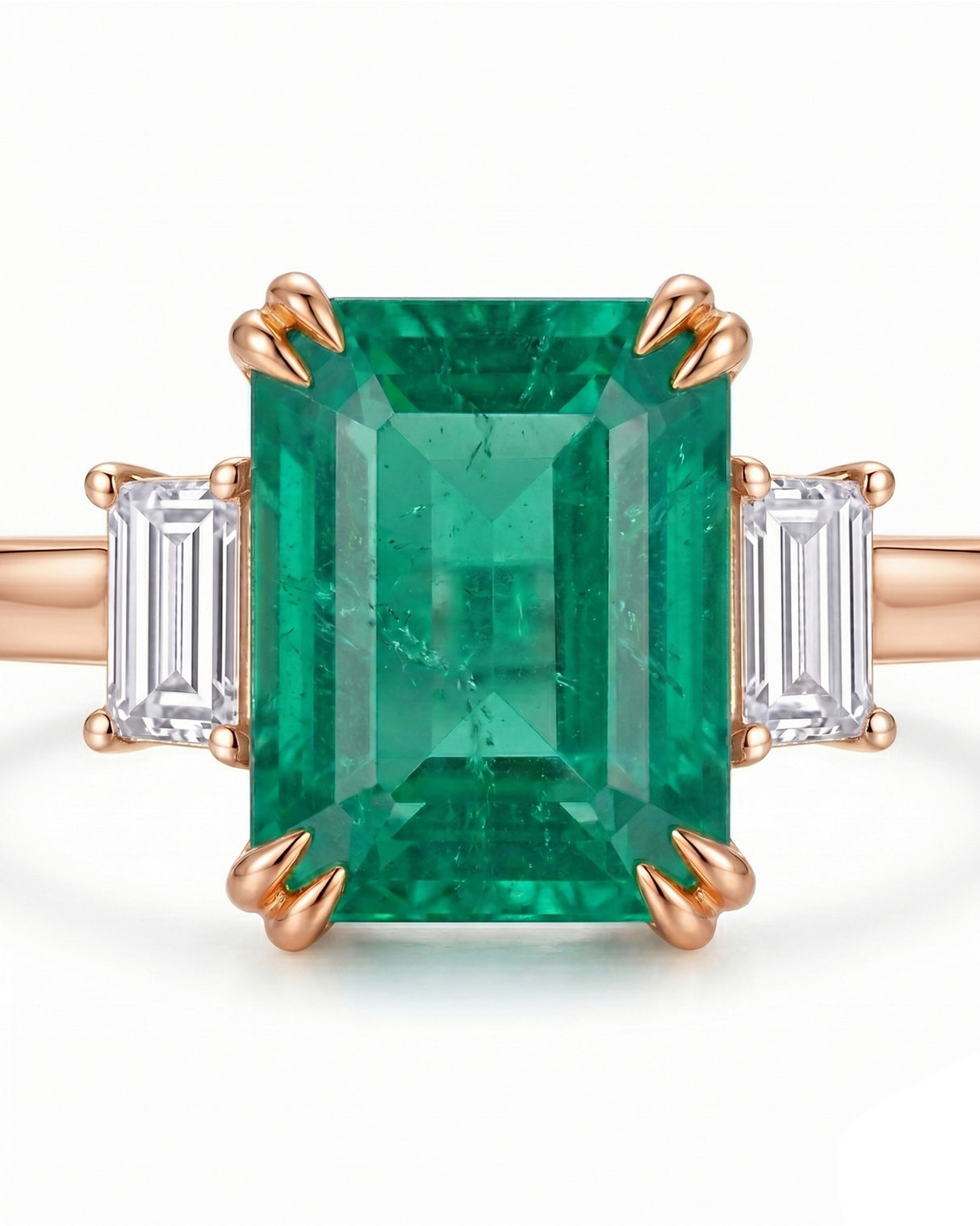 Natural emerald ring with baguette diamonds in 18K Rose Gold | SARATTI