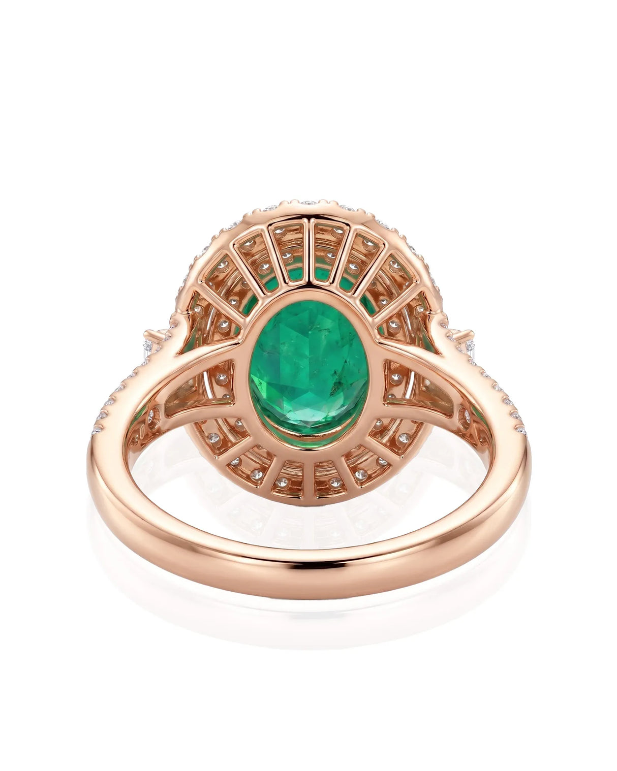 Natural emerald ring with diamond halo and split arc band in 18K rose gold | SARATTI