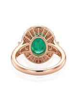 Natural emerald ring with diamond halo and split arc band in 18K rose gold | SARATTI