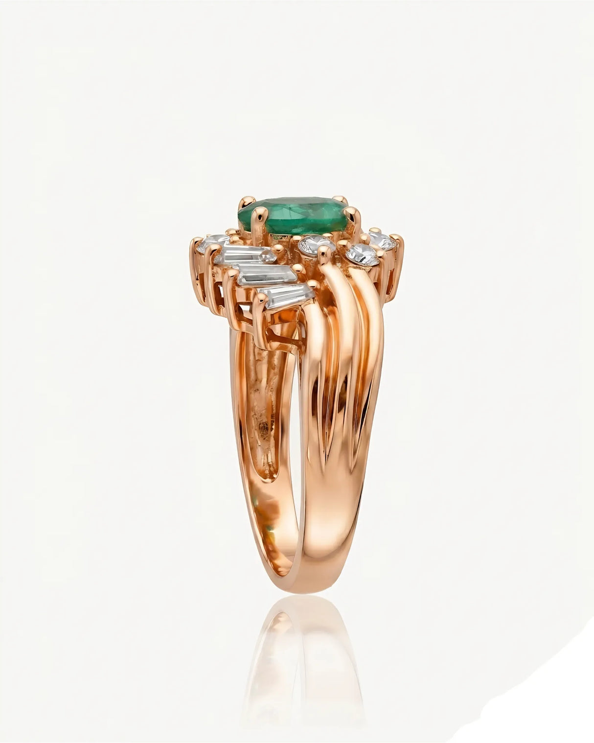 Natural emerald triple band ring with baguette and round diamonds in rose gold | SARATTI