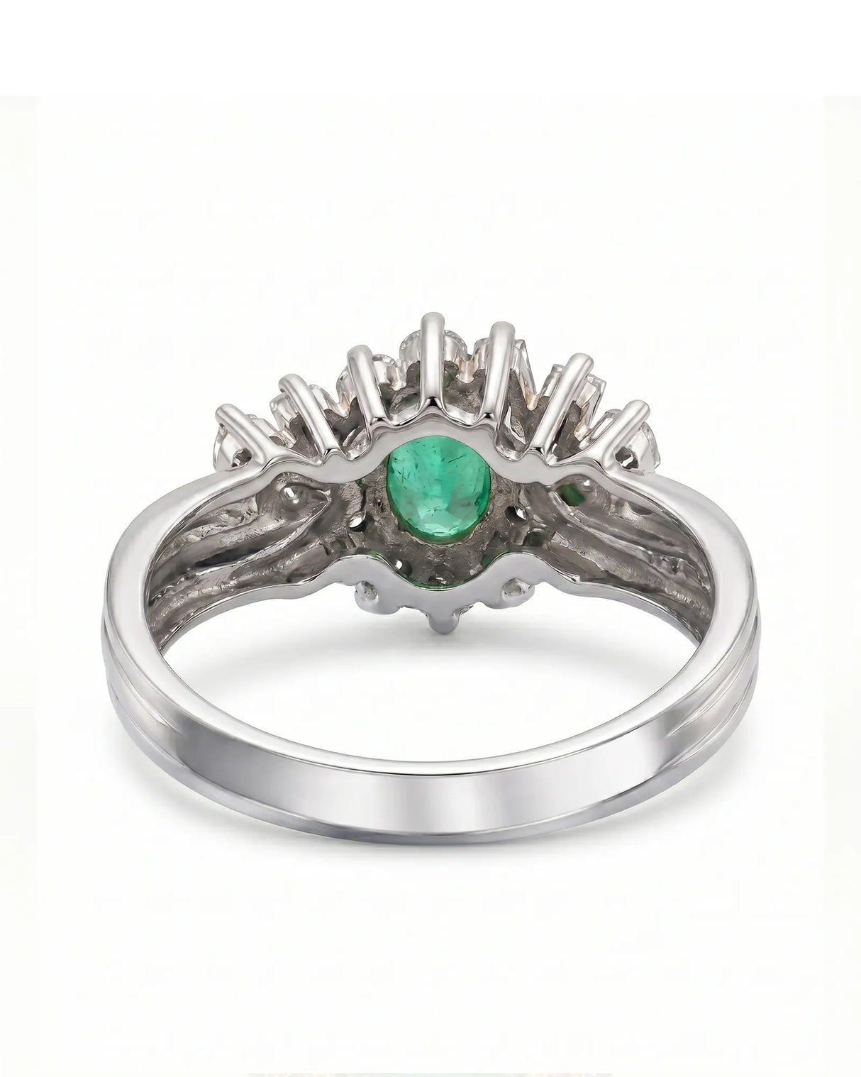 Natural emerald triple band ring with baguette and round diamonds in white gold | SARATTI