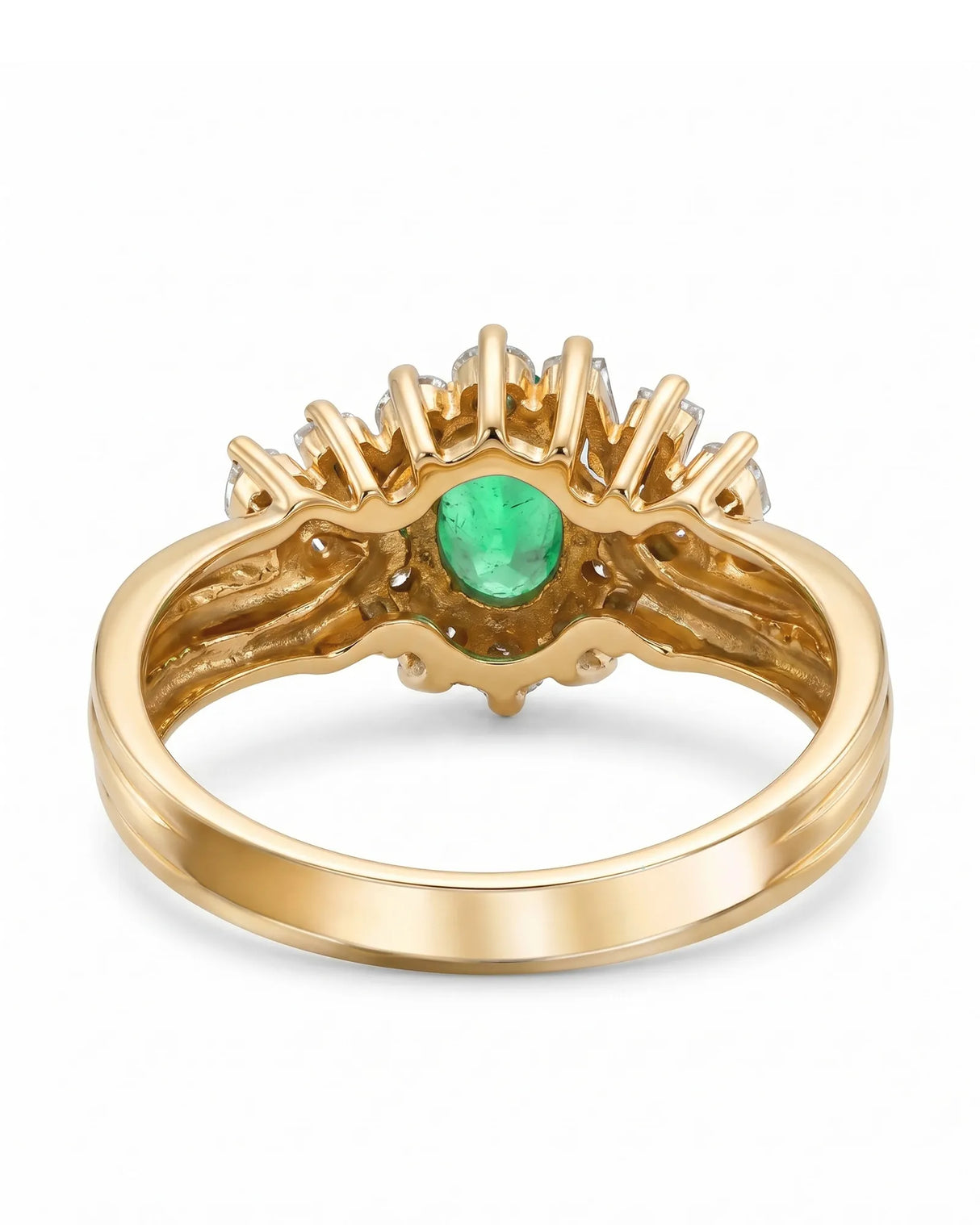 Natural emerald triple band ring with baguette and round diamonds in yellow gold | SARATTI