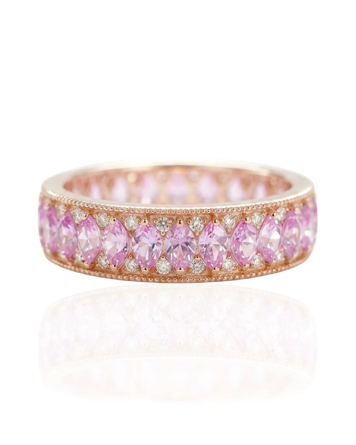 Natural fancy pink sapphire band with marquise stones and diamond accents in 14K rose gold | SARATTI