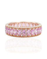 Natural fancy pink sapphire band with marquise stones and diamond accents in 14K rose gold | SARATTI