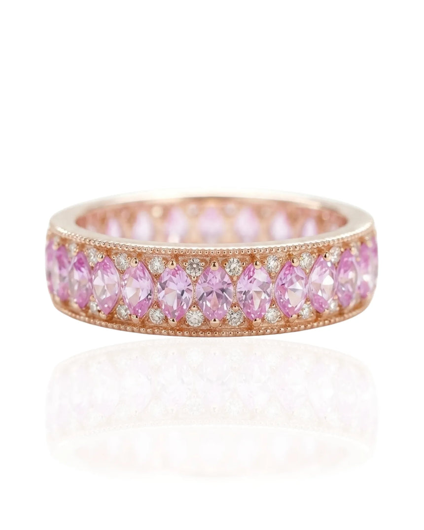 Natural fancy pink sapphire band with marquise stones and diamond accents in 14K rose gold | SARATTI
