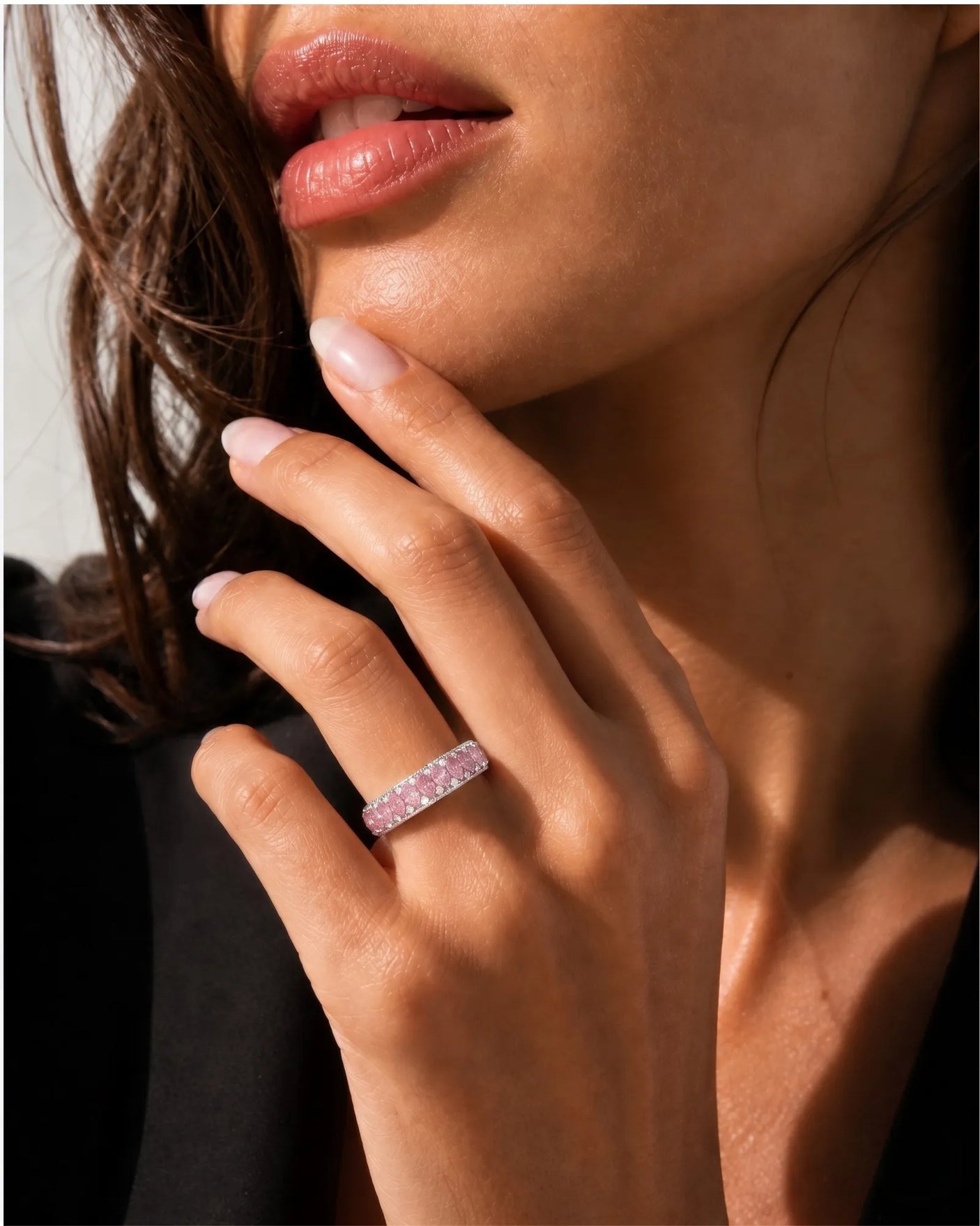 Natural fancy pink sapphire band with marquise stones and diamond accents in 14K white gold | SARATTI