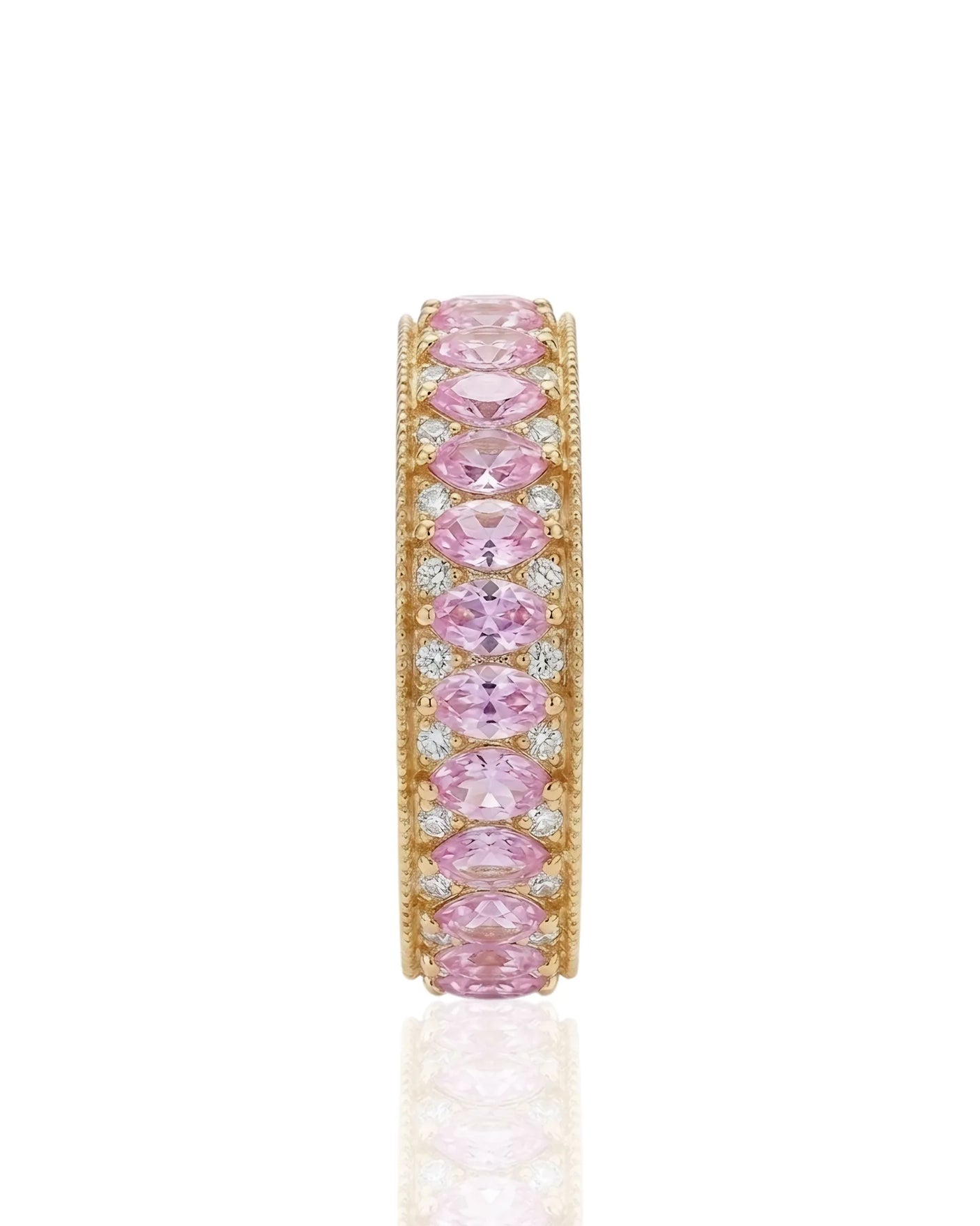 Natural fancy pink sapphire band with marquise stones and diamond accents in 14K yellow gold | SARATTI